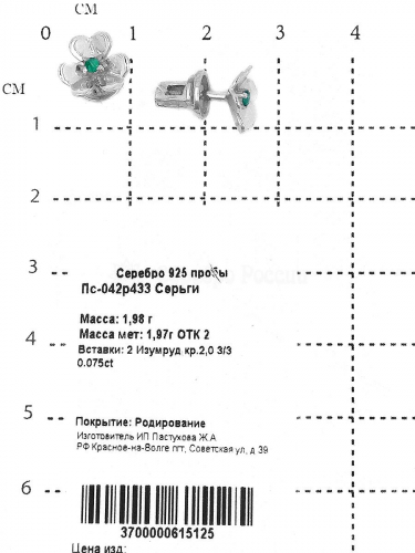 Серьги-пусеты из серебра с изумрудом родированные 925 пробы Пс-042р433