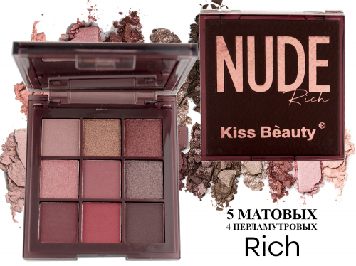 Тени Nude Kiss Beauty, матовые+перламутровые, 9 цветов, Rich