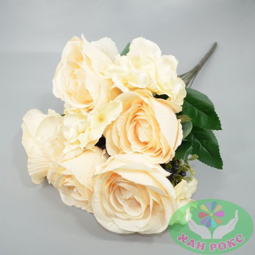 Букет роза с гортензией ткань молочный h48 см (20-5)