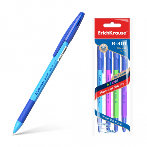 70,5р. 100р.Ручка шариковая ErichKrause® R-301 Neon Stick&Grip 0.7, цвет чернил синий (в пакете по 4 шт.)