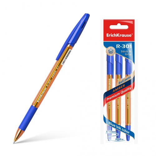 46р. 58р.Ручка шариковая ErichKrause® R-301 Amber Stick&Grip 0.7, цвет чернил синий (в пакете по 3 шт.)