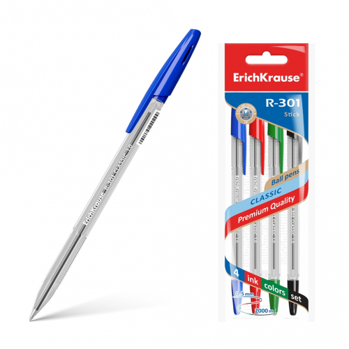 Ручка шариковая ErichKrause® R-301 Classic Stick 1.0, цвет чернил: синий, черный, красный, зеленый (в пакете по 4 шт.)
