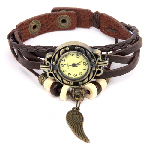 WA055-BR Часы - браслет Крыло, цветь бронза, коричневый ремешок