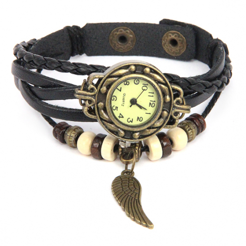 WA055-BK Часы - браслет Крыло, цветь бронза, черный ремешок