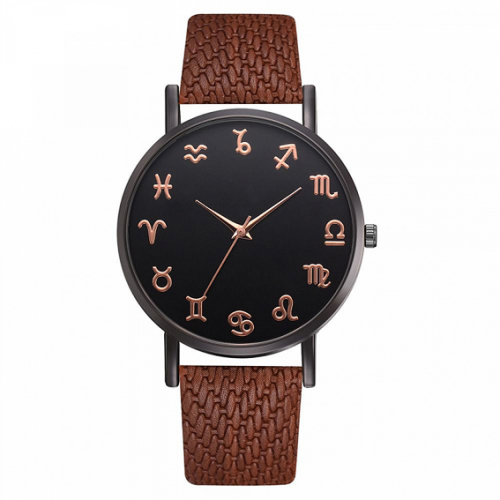 WA071-1 Часы наручные Знаки Зодиака чёрные с коричневым ремешком