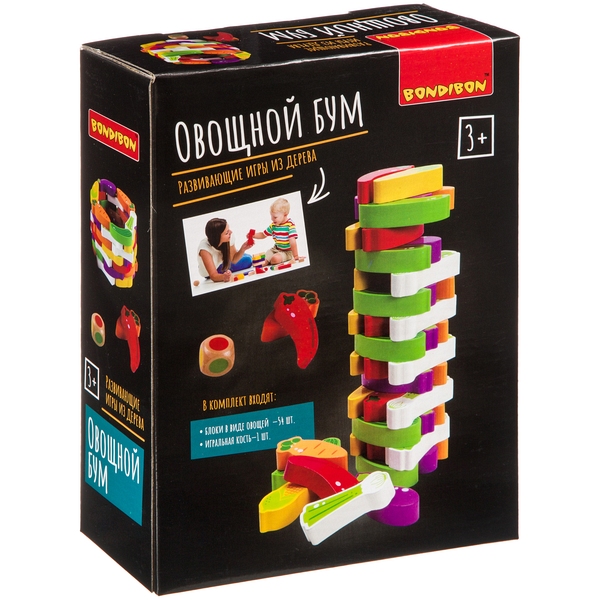 Развивающие игры из дерева Bondibon Игра-баланс «ОВОЩНОЙ БУМ», башня из овощей, BOX 24,3×7×18,3 см
