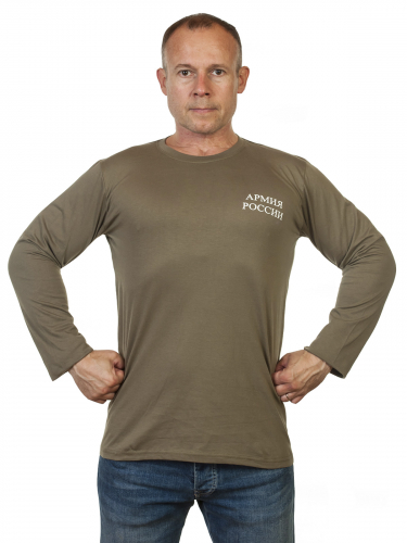 Уставная мужская футболка «Армия России» – популярный цвет хаки, удобный длинный рукав. Комфорт на службе, отдыхе и дома №449