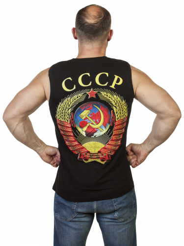 Черная мужская майка-безрукавка с гербом СССР – культовая символика на удобных фирменных вещах №259