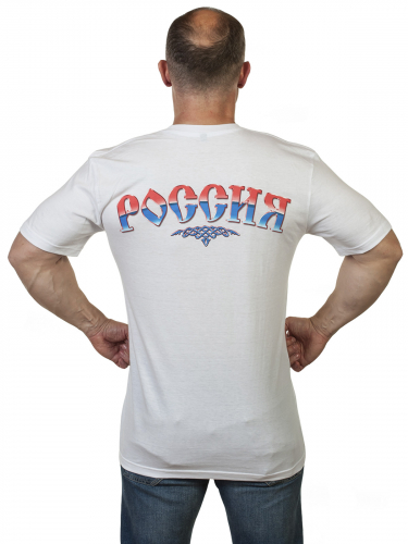 Белая футболка с гербом России в цветах флага твоей страны. Русский — это не штамп в паспорте, это состояние души! №290