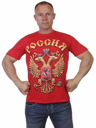 Красная футболка с гербом РФ Россия – гостеприимная страна! №17
