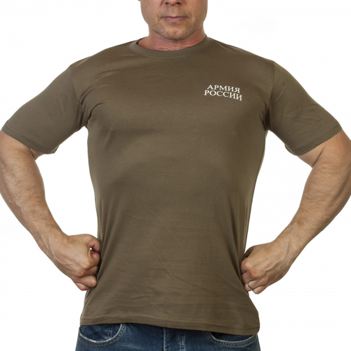 Оливковая военная футболка «Армия России» – мужская модель из натурального премиум хлопка для современных парней №435