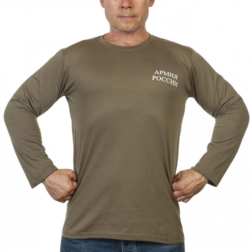 Уставная мужская футболка «Армия России» – популярный цвет хаки, удобный длинный рукав. Комфорт на службе, отдыхе и дома №449