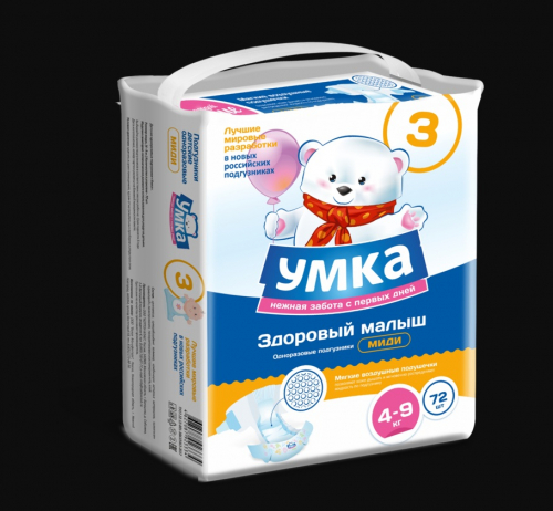 555p. 1150.  Подгузники одноразовые для детей MIDI 3/M 4-9 кг mega-pack УМКА, 72 шт.