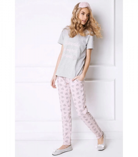 Женская хлопковая пижама Diamonds-брюки серый+розовый,Aruelle,Польша