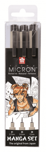 Набор капиллярных ручек Pigma Micron Manga 3 штуки (0.1мм 0.5мм 0.8мм) Черный в блистере