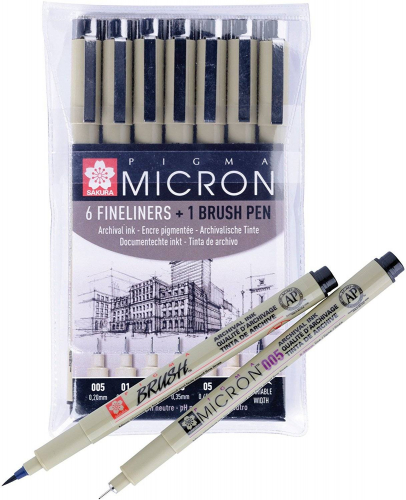 Набор капиллярных ручек Pigma: 6 ручек Pigma MIcron+1 Pigma Brush