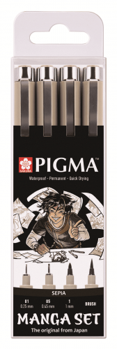 Набор капиллярных ручек Pigma Manga 4 штуки Сепия (0.25мм, 0.45мм, 1мм, кисть) в блистере