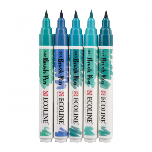 Набор акварельных маркеров Ecoline Brush Pen Green blue 5 штук в пластиковой упаковке