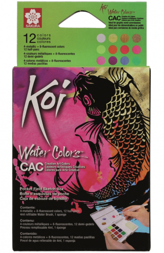 Набор акварельных красок Koi Creative Art Colours (металлики+флуоресцентные) 12 кювет в пластиковой упаковке