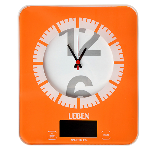 LEBEN Весы кухонные электронные с часами, макс.нагр.до 5кг (точн.измер. 1 гр), пластик, 2 цвета