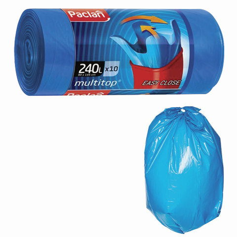 Мешки для мусора 240 л, с ушками, синие, в рулоне 10 шт., ПВД, 40 мкм, 90х145 см, PACLAN “Multitop“, 134451