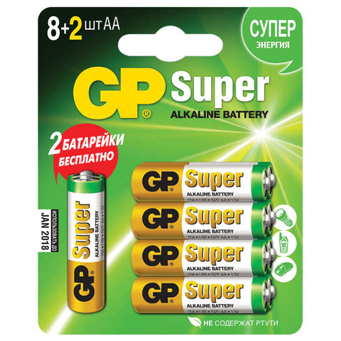 Батарейки GP Super, AA (LR06, 15 А), алкалиновые, комплект 10 шт. (промо 8+2), в блистере