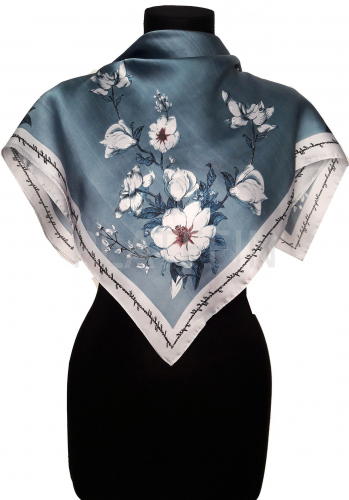 19067 Платок матовый шёлковый Весенний букет-2.голуб