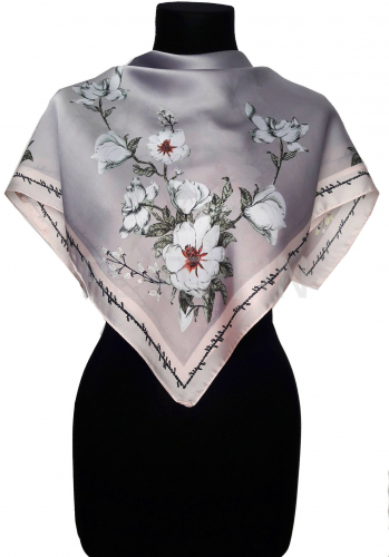 19067 Платок матовый шёлковый Весенний букет-4.блед.лиловый