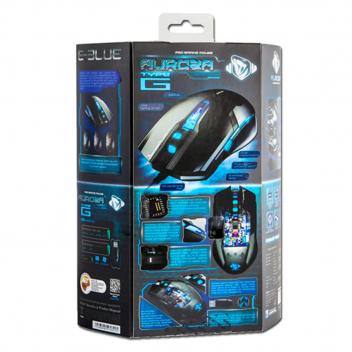 Мышь E-Blue Auroza Type-G Проводная, черная, игровая, 500-3000 DPI, USB, 6кн, шнур 1.8м, подсветка