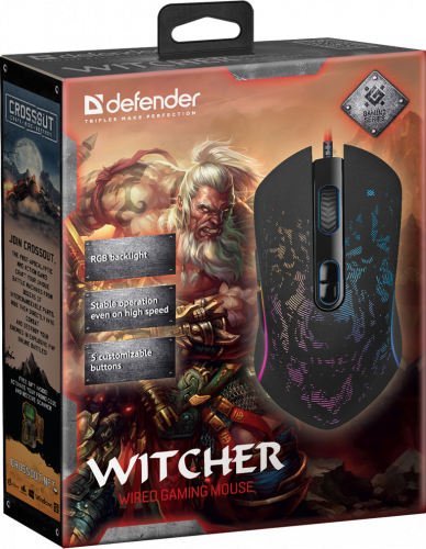 Мышь Defender GM-990 Witcher игровая (черная) проводная, RGB, 7кн+кл 1200-3200dpi