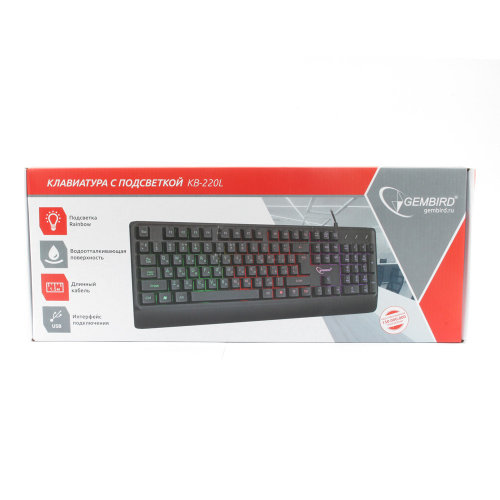 Клавиатура Gembird KB-220L, USB, черный, 104 клавиши, подсветка Rainbow, кабель 1.5м