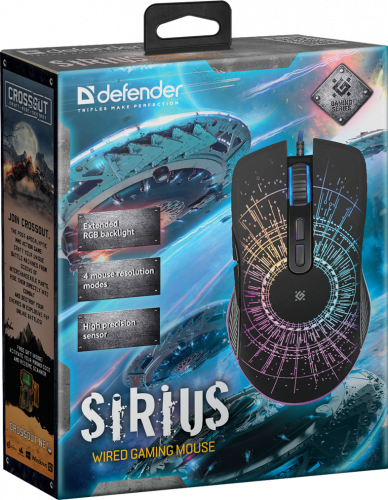 Мышь Defender GM-660L Sirius игровая (черная) проводная 6кн+кл, RGB-подсветка, 1200-3200dpi