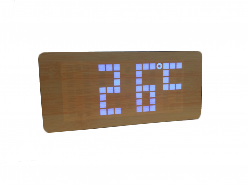 Часы электронные настольные VST-871/5 (желтый корпус, ярко-синие символы) деревянные, дата+термометр