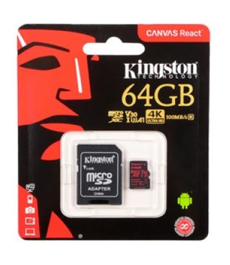 Карта памяти Kingston 64 GB 4K ULTRA HD (micro SDHC, UHS-I up to 100MB/s class10) с SD-адаптером