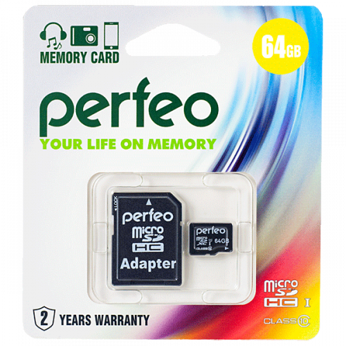 Карта памяти Perfeo 64 GB (micro SDXC, class10) с SD-адаптером