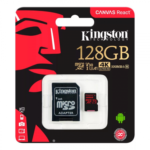 Карта памяти Kingston 128 GB 4K ULTRA HD (micro SD, UHS-1, up to 100MB/s, class10) с SD-адаптером