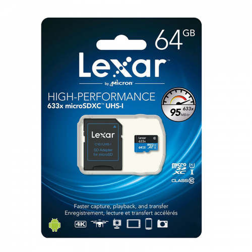 Карта памяти Lexar 64GB (micro SDHC, class10, 633x UHS-I), с SD-адаптером