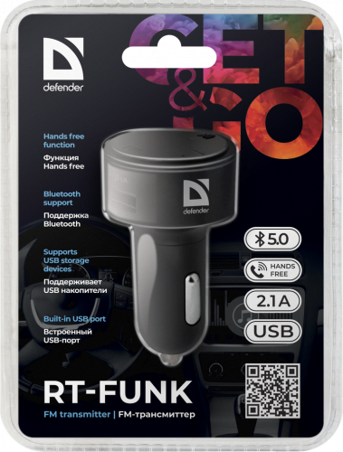 FM-модулятор Defender RT-Funk Bluetooth/FM, USB 2.1A