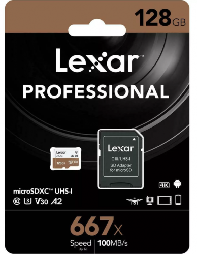 Карта памяти Lexar 128GB (micro SDHC, class10, 667x U3 A1 V30 UHS-I), с SD-адаптером