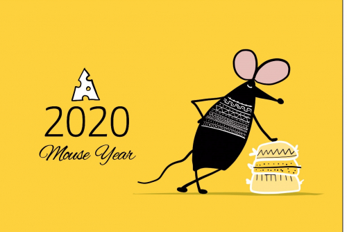 Открытка бумажная 7*10см/10шт 2020 Mause Year на желтом,мышка