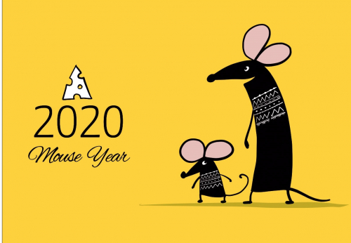 Открытка бумажная 7*10см/10шт 2020 Mause Year на желтом,мышка и малыш