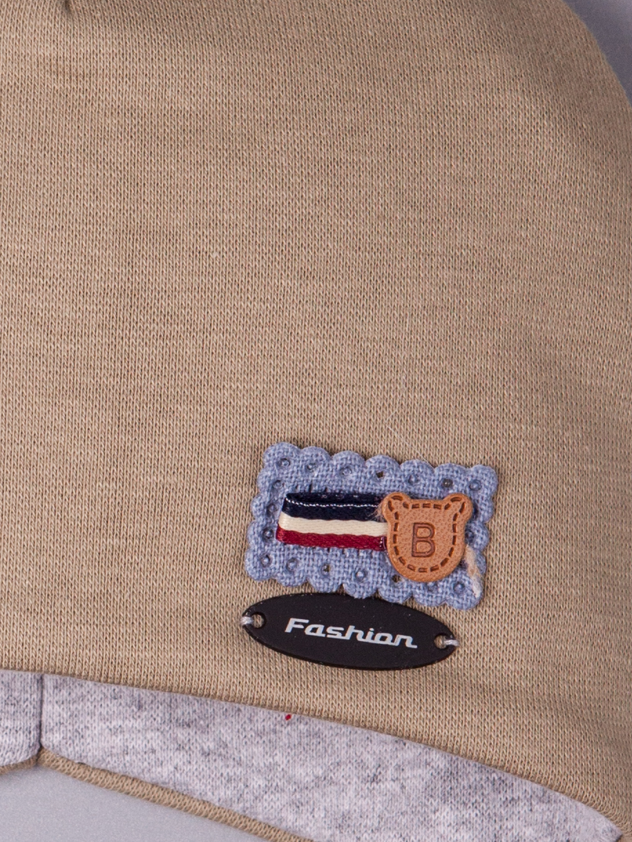 Шапочка трикотажная для мальчика на завязках, нашивка мишка fashion, фисташковый