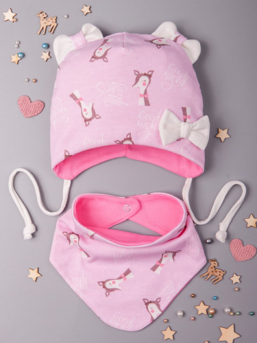 Шапка трикотажная с ушками для девочки на завязках, сбоку бантик + снуд, светло-розовый