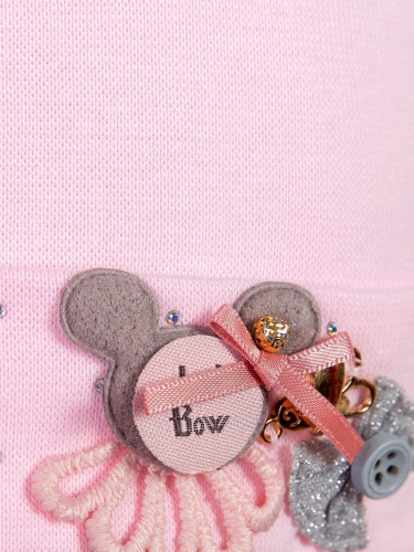 Шапка трикотажная формы лопата для девочки, на отвороте стразы и мышка с бантиком, розовый