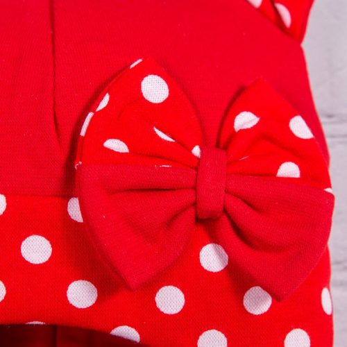 Шапка - шлем для девочки, двойной трикотаж, бантики, в горошек, красный