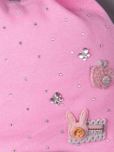 Шапка трикотажная для девочки с ушками на завязках, стразы, бабочки и заяц, лавандово-розовый