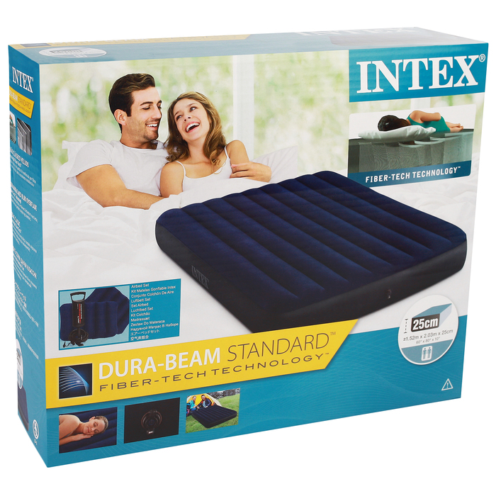Матрас надувной Classic Downy Fiber-Tech,152 x 203 х 25 см, с ручным насосом, 64765 INTEX