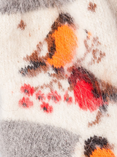 Носки вязаные детские пуховые, оранжевые птички, молочный (козий пух)