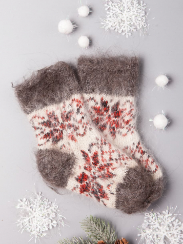 Носки вязаные детские пуховые, красные снежинки, серый (козий пух)
