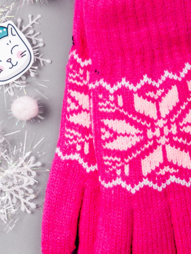 Перчатки детские двойной вязки с орнаментом снежинка, малиновый